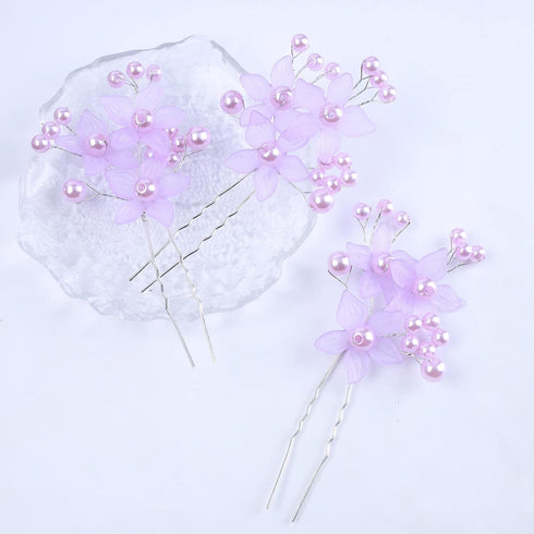 Pearl Bride Wedding Hair Pins, Purple Bead Hair Piece, Bridal Flower Headpieces for Women and Girls (Pack of 3)