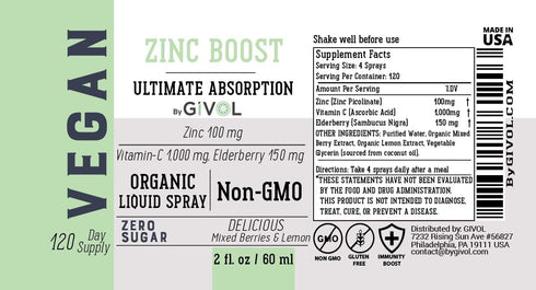 Organic ZINC Boost Mist 100 g (Extra Strength) - Sugar Free with Vitamin C and Elderberry Extract, Vegan Spray