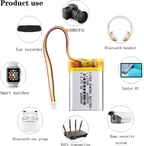3.7V Lipo Battery 600mAh Rechargeable Lithium Polymer with SH 1.0-3P Connector (602535)