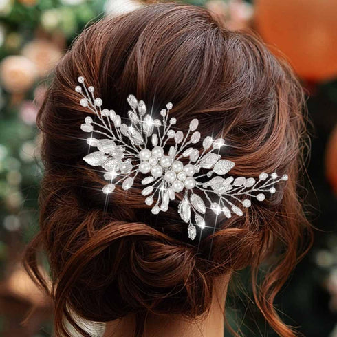 Yean Bride Leaf Bridal Hair Comb, Pearl Wedding Hair Piece, Rhinestone Hair Accessories for Women and Girls (Silver)