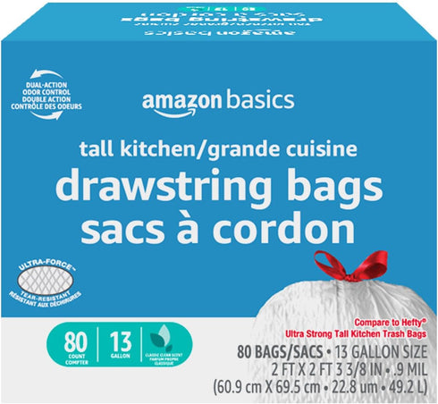 Amazon Basics Tall Kitchen Drawstring Trash Bags, Classic Clean Scented, 13 Gallon, 80 Count, Pack of 1