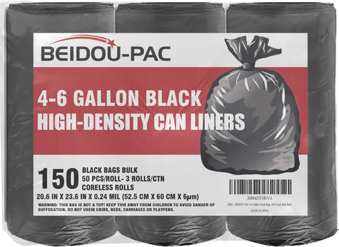 4-6 Gallon Trash Bags - 150 Count Black Garbage Bags for Bathroom, Office, Industrial, Commercial Use