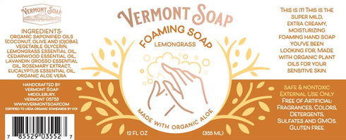 VERMONT SOAP Organic Lemongrass Zen Foaming Hand Soap, Natural Moisturizing Liquid Soap for Dry Skin - 12 oz