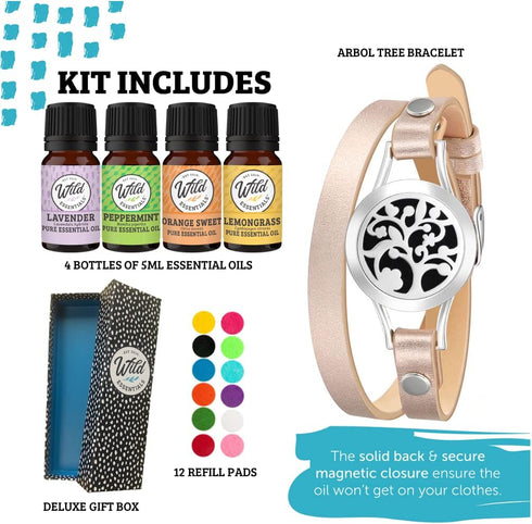 Set, 12 Wild Essentials Arbol Tree Essential Oil Leather Wrap Bracelet Diffuser Kit, Gift Lavender, Lemongrass