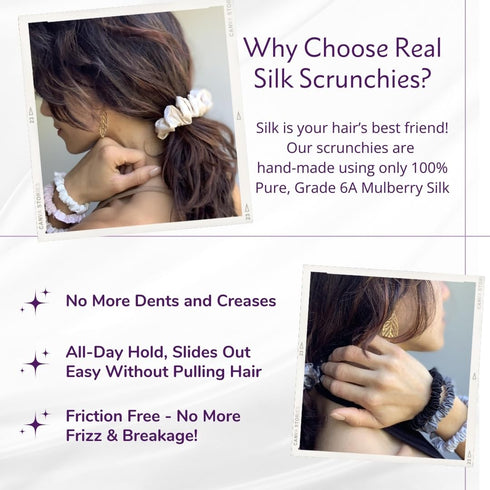 Mulberry Park Silks 100% Pure Silk Scrunchies, 3 Pack - Prevents Frizz, Gentle on All Hair Types, Small (Sand)