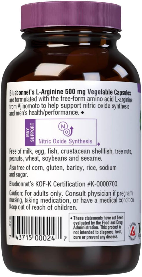 Bluebonnet Nutrition L-Arginine 500mg, Free-Form Amino Acid, 50 Vegetable Capsules, Non-GMO