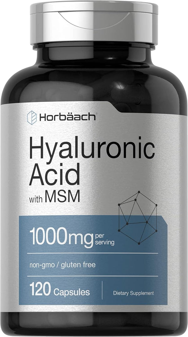 Horbaach Hyaluronic Acid with MSM 1000 mg | 120 Capsules | Non-GMO, Gluten Free, Bioavailable Formula