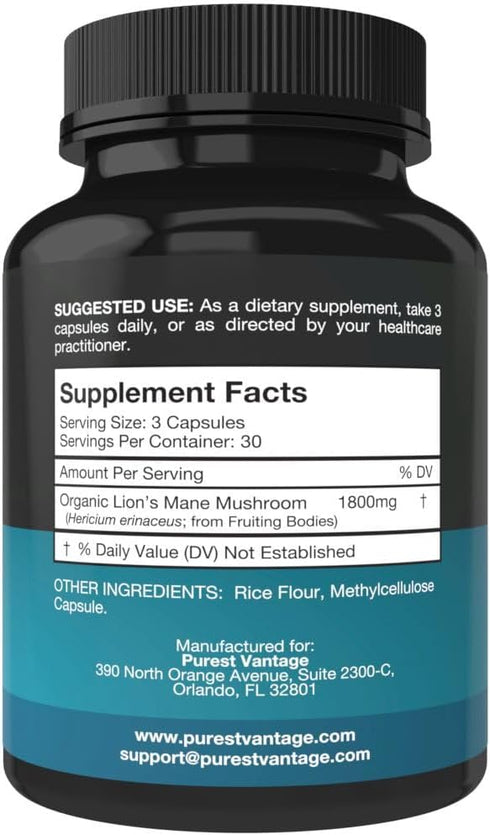 Organic Lions Mane Mushroom Capsules - 1800mg Supplement for Brain and Immune Support - 90 Veggie Caps