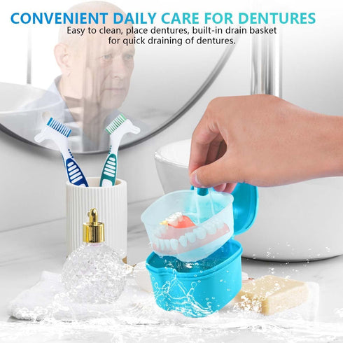 2 Pack Denture Bath Case Cup Holder, Storage Container with Cleaner Brush for Travel Cleaning (Light Blue and Blue)