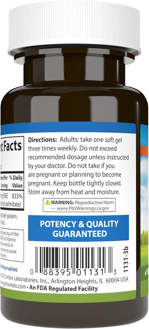 Carlson Vitamin A, 25000 IU (7500 mcg RAE) | 100 Softgels | Vision & Skin Health, Immune Function