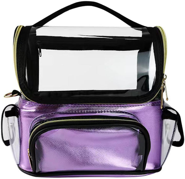 Makeup Brush Case, Clear Makeup Bags with Multiple Pockets, Waterproof Travel Organizer with Removable Dividers, Purple
