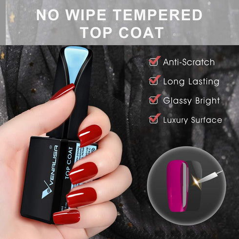 VENALISA 2 Pcs 15ml Gel Nail Polish Base and Top Coat Set, No Wipe High Gloss Long Lasting Tempered Polish Kit
