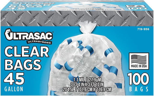 Ultrasac Recycling Bag, 45 Gallon, 1.1 Mil, 40"x46", Clear, 100 Count with Ties