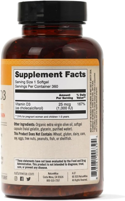 NatureWise Vitamin D3 1000iu (25 mcg) - 360 Count, Non-GMO, Gluten Free in Cold-Pressed Olive Oil