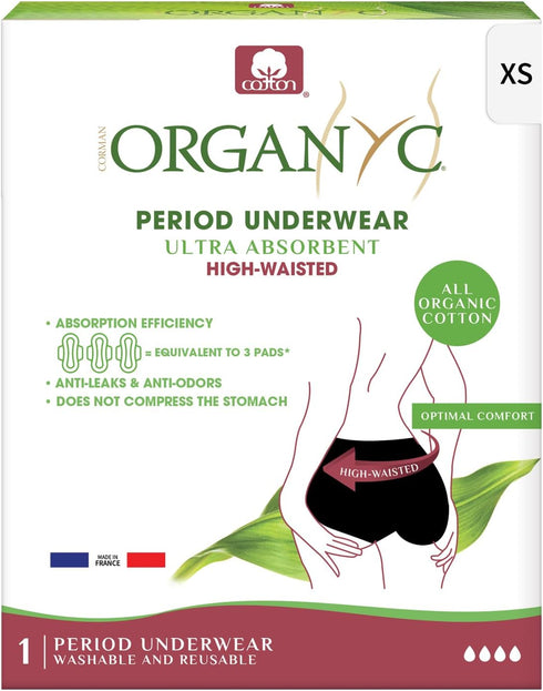 Organyc Organic Cotton Reusable Period Underwear, High Waist Panty, Ultra-Absorbent, Black, XS