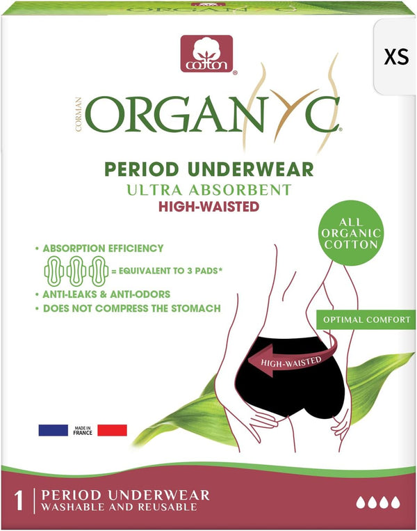 Organyc Organic Cotton Reusable Period Underwear, High Waist Panty, Ultra-Absorbent, Black, XS