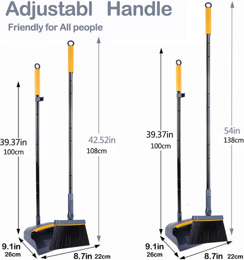 JEHONN Broom and Dustpan Set, 54 Inches Long Handle, Lightweight Indoor Upright Dust Pan with Comb Teeth for Home