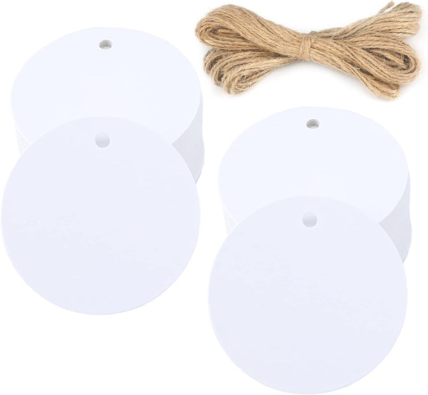 G2PLUS 100PCS White Gift Tags with String, 2.2'' Round Blank Paper Hang Tags for Craft Projects, Xmas Gift, DIY Wedding