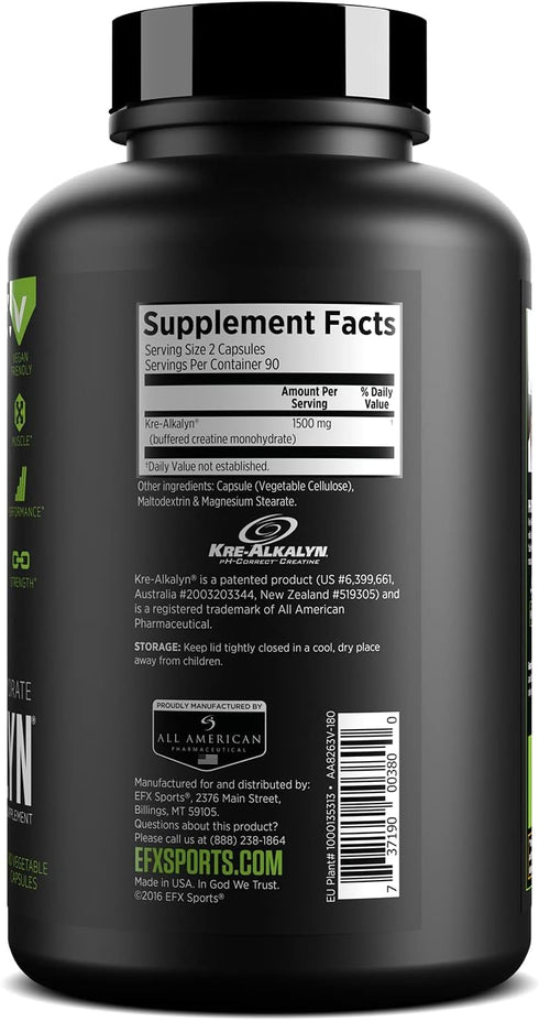 EFX Sports Kre-Alkalyn EFX Creatine Monohydrate Pill Supplement, Vegan Friendly, 90 Servings, 180 Veggie Capsules