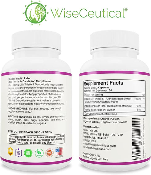 Max Absorption USDA Organic Milk Thistle 5:1 Concentrated Extract 2000mg & Organic Dandelion Root, 60 Count