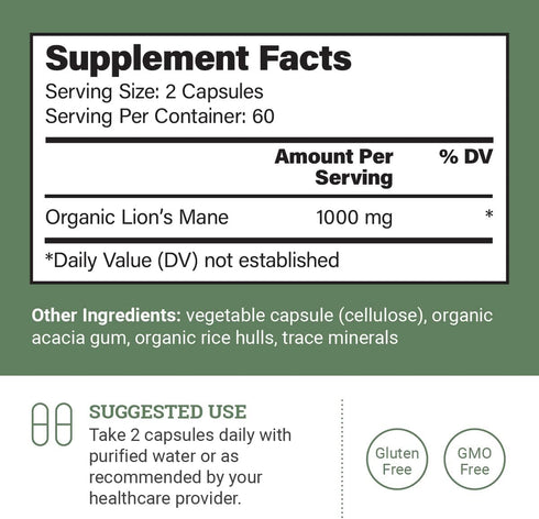 Organic Lions Mane Supplement (1000mg), 2-Month Supply Lion's Mane Mushroom Supplement Extract to Support Focus, Memory, Nootropics Brain Supplement (120 Capsules)