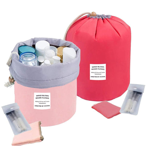 INVODA Drawstring Cosmetic Bag, 2PCS Travel Makeup Bag for Women, Portable Toiletry Organizer Bag (Pink+Red)
