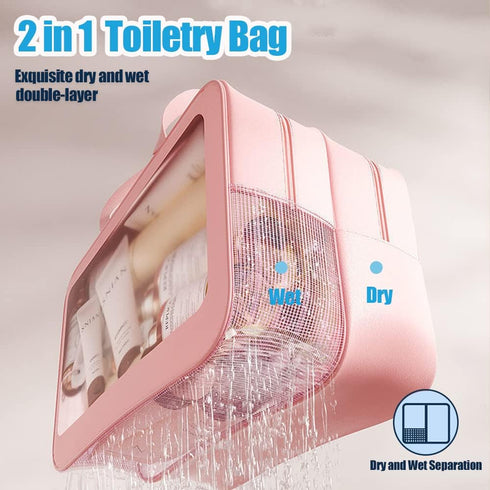 Travel Toiletry Bag - Large Clear Makeup Bag, 2 in 1 Waterproof Skin Care Bag for Toiletries (Pink)