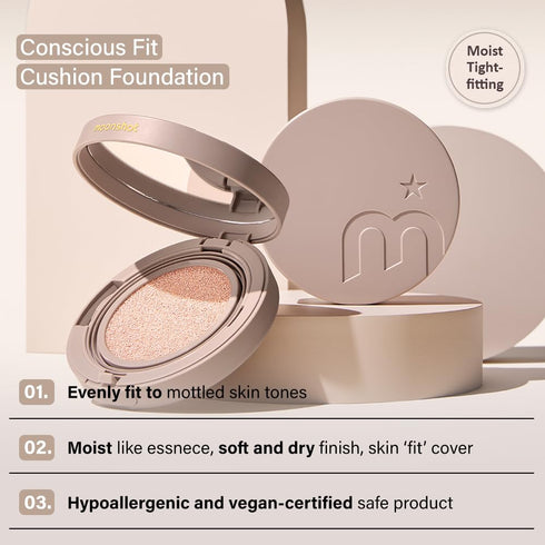 MOONSHOT KOREA Conscious Fit Cushion Foundation, Medium Coverage, Long-Lasting, Vegan & Cruelty-Free (15N Cosmic Cream)