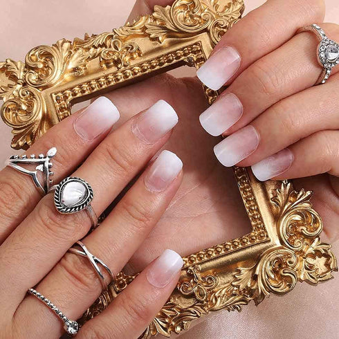 Press on Nails White Ombre Fake Nails, Short Square Glossy Acrylic Full Cover, 24Pcs