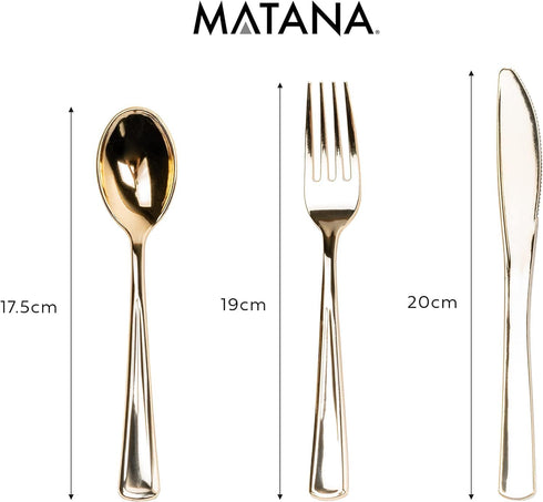 MATANA 180 Bulk Gold Plastic Silverware Set - 60 Knives, 60 Forks, 60 Spoons - Reusable Gold Cutlery for Parties &