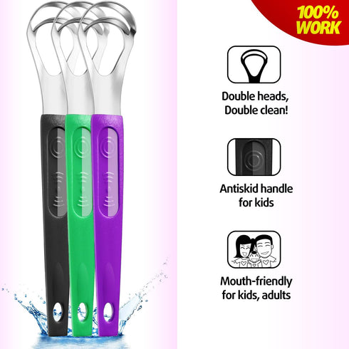 3 Pack Metal Tongue Scrapers, Stainless Steel Cleaner Scrubber for Kids Adults with Travel Case