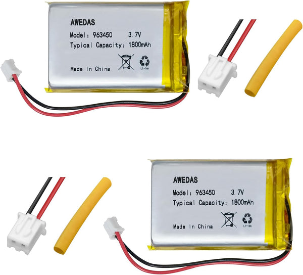 (2 Pack) 963450 Lithium Polymer Battery 3.7v 1800mah Compatible Replacement Batteries with PH 2.54 & PH 2.0 JST