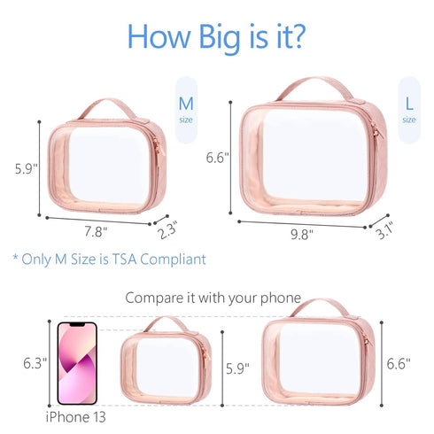 PACKISM TSA Approved Toiletry Bag - 180° Large Opening Clear Makeup Bags with Handle, Rose Pink