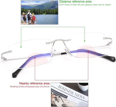 K.LAVER Rimless Bifocal Reading Glasses, Transition Photochromic UV400 Protection Sun Readers, Titanium Eyewear for Men