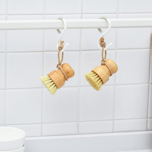 SUBEKYU Bamboo Dish Scrub Brushes Set of 2, Wooden Cleaning Scrubbers for Washing Cast Iron Pan/Pot, Natural Sisal