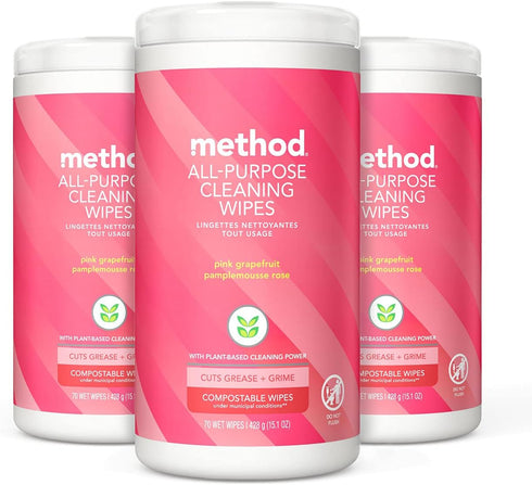 Method All-Purpose Cleaning Wipes, Pink Grapefruit, Multi-Surface, Compostable, 70 Count (3 Pack)