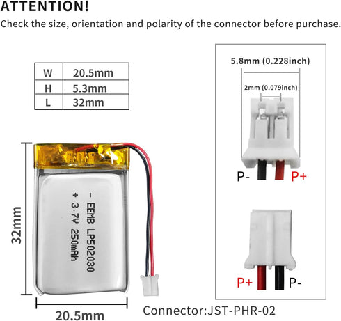 EEMB 3.7V Lithium Polymer Battery, 250mAh 502030 Lipo Rechargeable with JST Connector