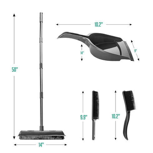 OVENTE Rubber Broom for Pet Hair Removal with Squeegee, Portable Lint Remover & Fur Brush Set, Grey