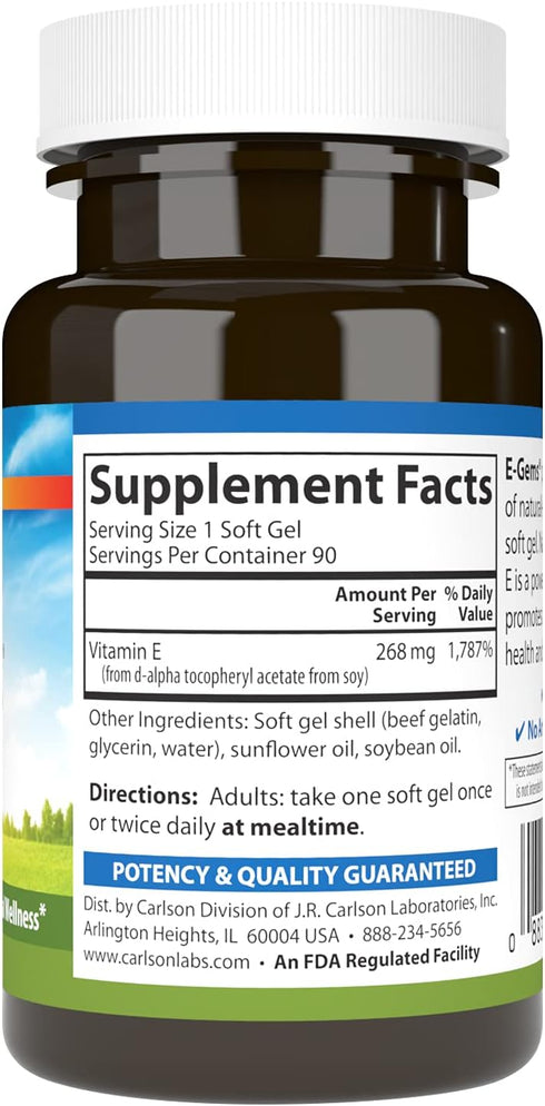 Carlson E-Gems, 400 IU (268 mg), Heart Health & Optimal Wellness, Antioxidant, 90 Soft Gels