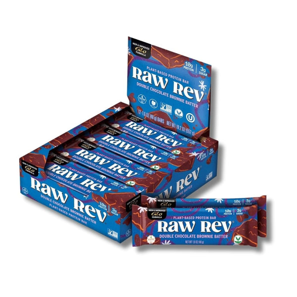 Raw Rev Vegan High-Protein Bars, Double Chocolate Brownie Batter, 10g Plant Protein, 12 Count, 1.6 Oz