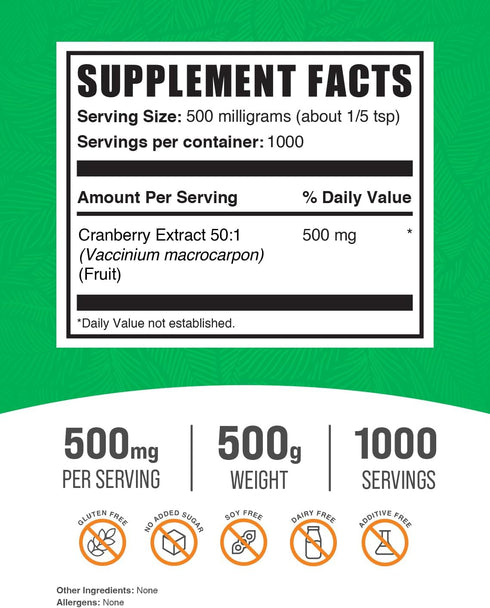 BulkSupplements.com Cranberry Extract Powder, 500mg per Serving, Vegan & Gluten Free, 500g (1.1 lbs), Pack of 1