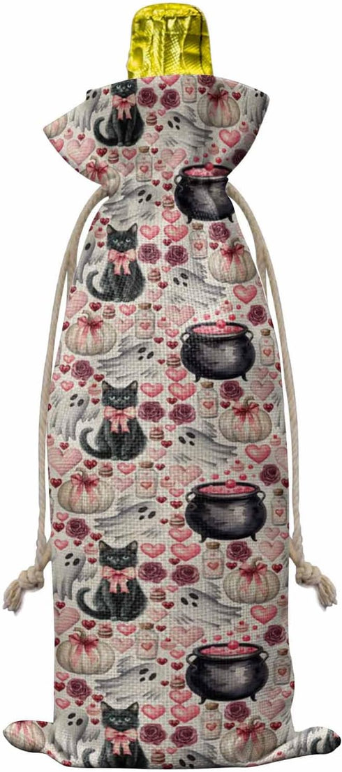 Home L6 10 Halloween Burlap Wine Bags PCS Pink Bow Cat Wine Bottle Gift Bag Rose Love Heart Pumpkin Ghost Potion Linen