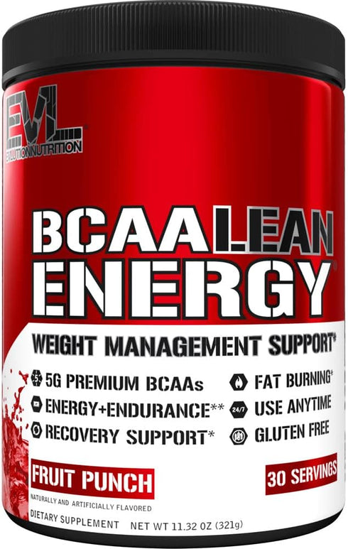 EVL BCAA Lean Energy Powder - Pre Workout Green Tea Fat Burner with BCAAs, Amino Acids, Clean Energizers - Fruit Punch