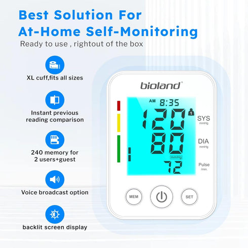 Upper Arm Blood Pressure Monitor, Automatic Digital BP Machine with Backlit LED Screen, Adjustable Cuff, BPM Model
