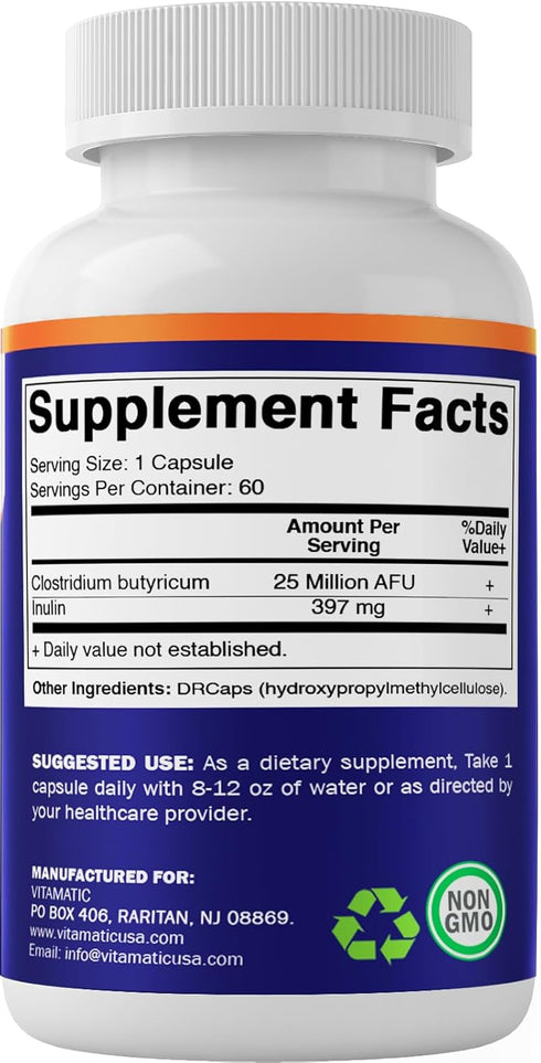 Vitamatic Clostridium butyricum, 25 Million, 60 DR Capsules for Gut Health with Prebiotic Inulin Fiber