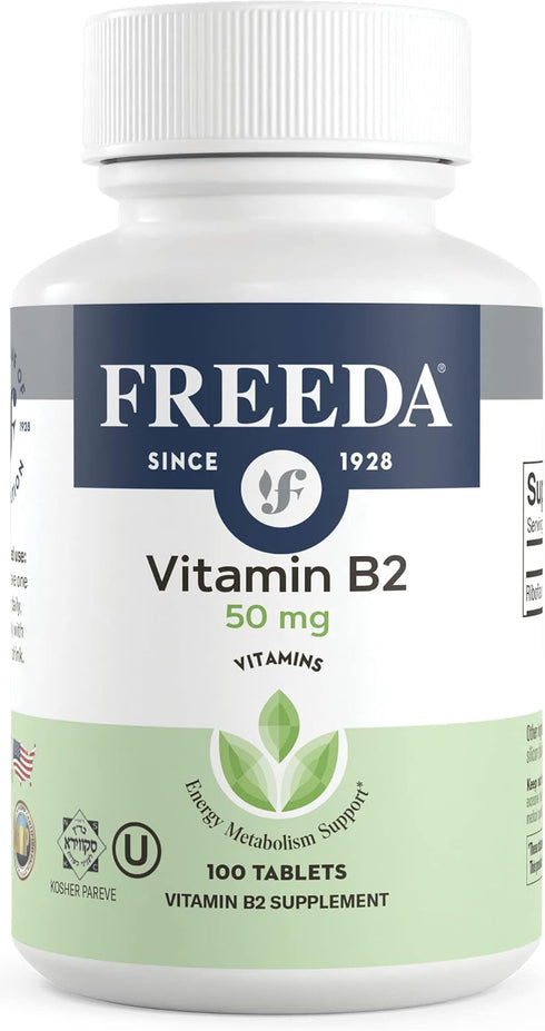 Freeda Vitamin B2 Riboflavin 50mg for Energy Metabolism, Migraine Relief, 100 Ct, Kosher, Vegan
