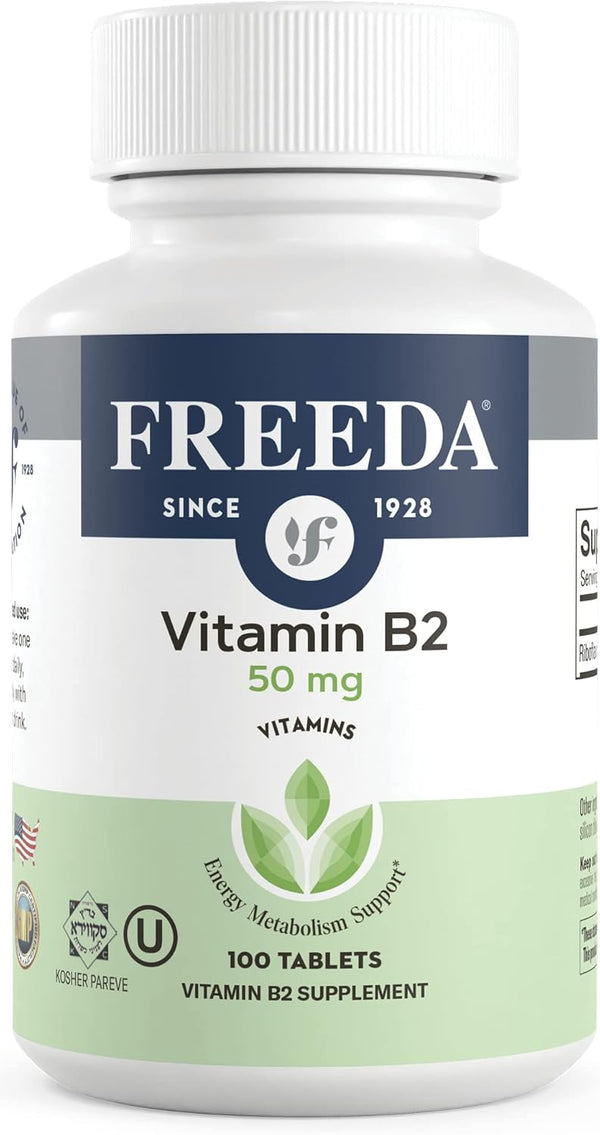 Freeda Vitamin B2 Riboflavin 50mg for Energy Metabolism, Migraine Relief, 100 Ct, Kosher, Vegan