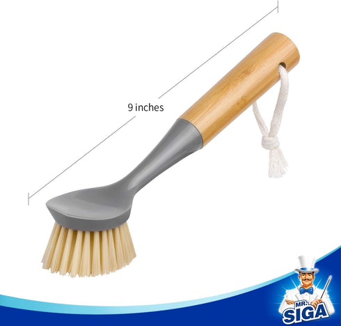 Pack 2 MR.SIGA Dish Brush with Bamboo Handle Built-in Scraper, Scrub Brush for Pans, Pots, Kitchen Sink Cleaning
