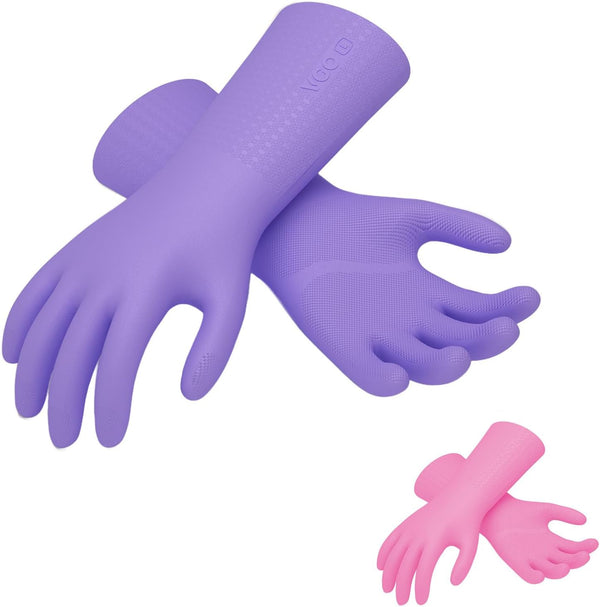 Vgo... 2 Pairs Reusable Household Gloves, Innovative Lined Dishwashing Gloves, Long Sleeves Kitchen Gloves (Violet&Pink)