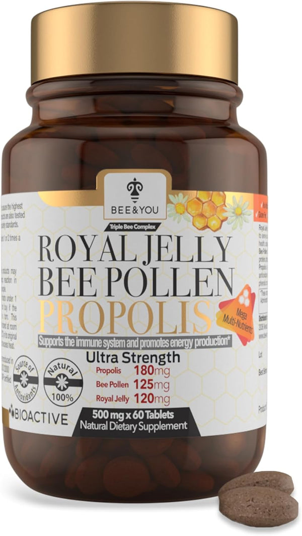 BEE and YOU Royal Jelly Tablet, Propolis Extract, Bee Pollen, 60ct Natural Superfood for Immune Support